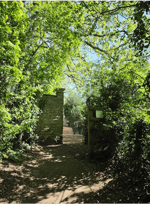 A shaded garden entrance framed by lush green foliage, with a dirt pathway leading through dense trees and shrubs. The sunlight filters through the leaves, casting dappled shadows on the ground. To th